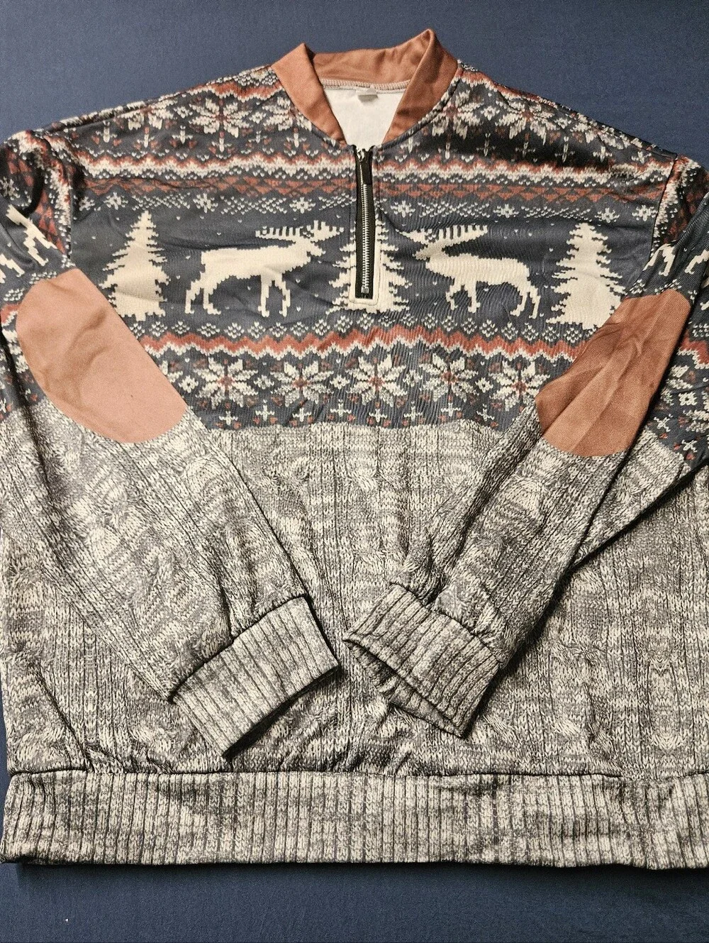 Fair Isle Zip Pullover with Reindeer & Elbow Patches - Navy, Cream & Rust